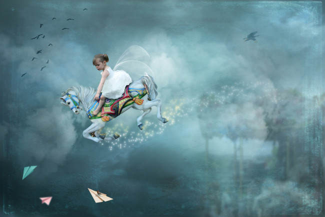 Обои картинки фото фэнтези, фотоарт, самолеты, волшебная, лошадка, девочка
