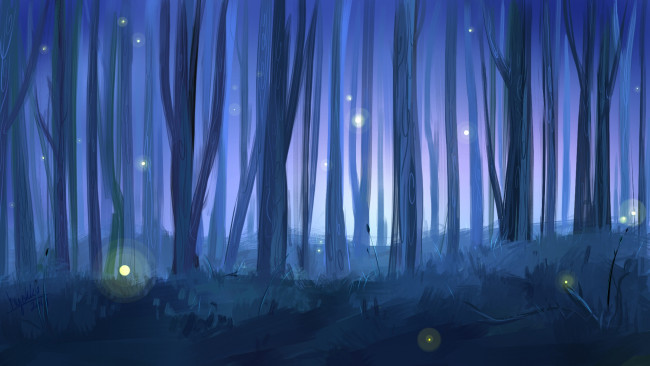 Обои картинки фото рисованное, природа, лес, пейзаж, светлячки, ночь, деревья