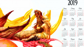 обоя календари, фэнтези, девушка, дракон