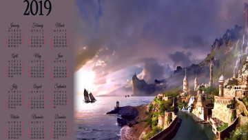 Картинка календари фэнтези парусник здание город водоем дом
