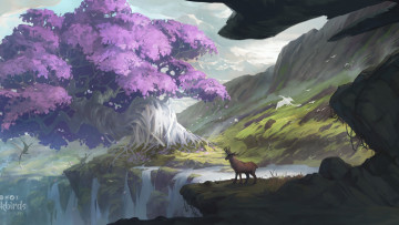 Картинка фэнтези существа животные горы дерево водопад