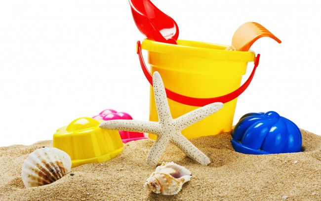Обои картинки фото разное, игрушки, песок, ведро, ракушки, звезда