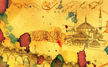 обоя рисованное, города, мечеть, пятна, надпись