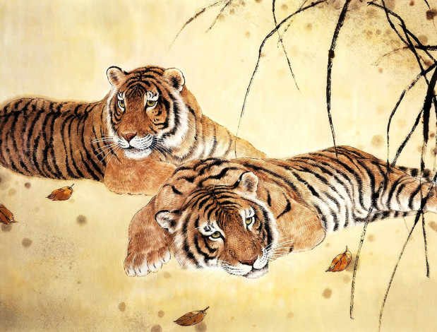 Обои картинки фото рисованное, животные,  тигры, тигры, листья, ветки