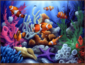 обоя david, miller, here, come, the, clowns, рисованные, кораллы, морское, дно, рыбы, ракушка, морская, звезда
