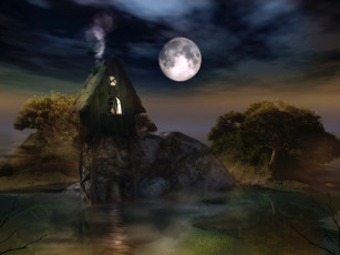 Картинка 3д графика nature landscape природа ночь вода луна дом