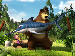 обоя мультфильмы, маша, медведь, рыба
