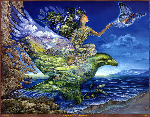 Обои картинки фото josephine, wall, freedom, фэнтези, птица, бабочка, море, побережье, цветы, орёл, девушка