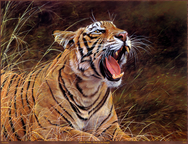 Обои картинки фото alan, hunt, roar, of, the, jungle, рисованные, m, тигр, пасть, трава, хищник