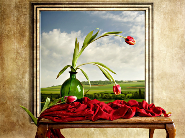Обои картинки фото цветы, тюльпаны, картина, ваза, ткань