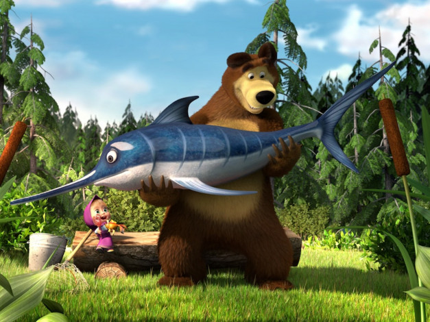 Обои картинки фото мультфильмы, маша, медведь, рыба
