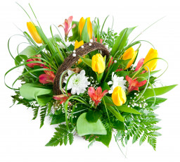 Картинка цветы букеты композиции тюльпаны альстромерия хризантемы папоротник