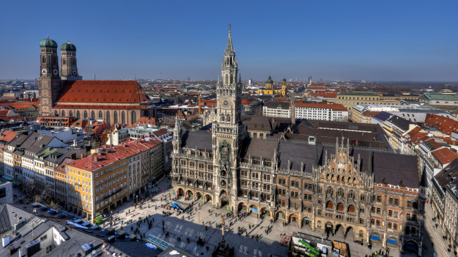 Обои картинки фото мюнхен, германия, города, панорамы, архитектура, ратуша, площадь, munich, town, hall, marienplatz, bavaria, germany, новая, мариенплац, бавария