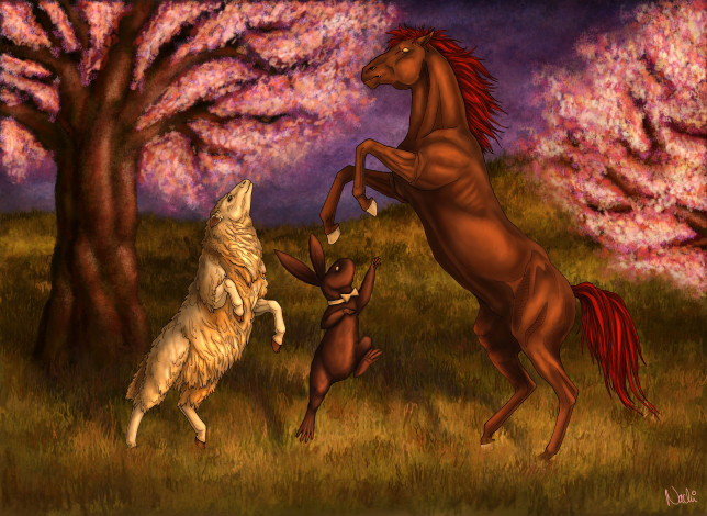 Обои картинки фото рисованные, животные, лошадь, кролик, овца
