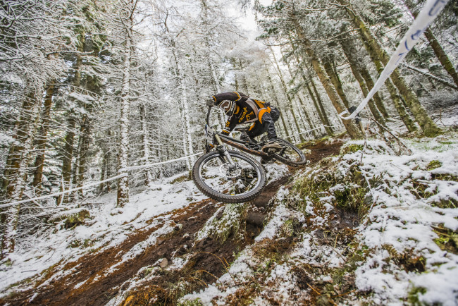 Обои картинки фото спорт, велоспорт, гонка, фон, велосипед, снег, лес
