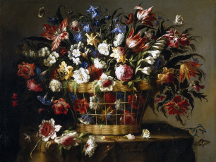 Картинка рисованное живопись лепестки корзина цветов букет натюрморт хуан де арельяно