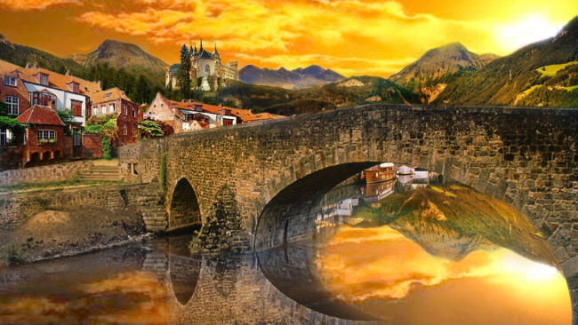 Обои картинки фото города, - мосты, alexyamato, швейцария, отражение, река, небо, замок, горы, городок, мост