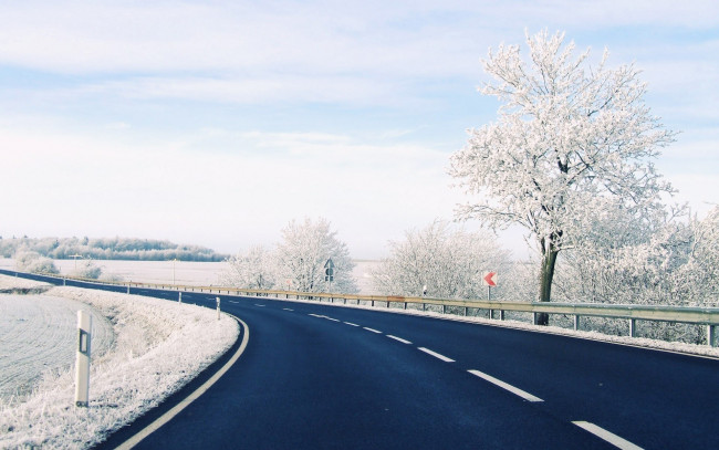 Обои картинки фото природа, дороги, зима, шоссе, дорога, поворот, снег