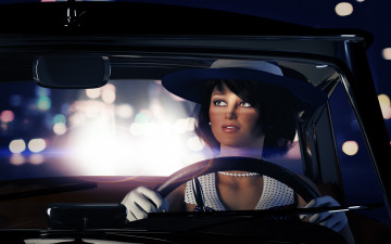 Картинка 3д+графика люди-авто мото+ people-+car+ +moto девушка фон взгляд шляпа руль ожерелье