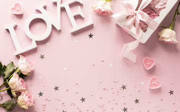 Картинка праздничные день+святого+валентина +сердечки +любовь буквы фон розовый коробка love розы свечи зефир
