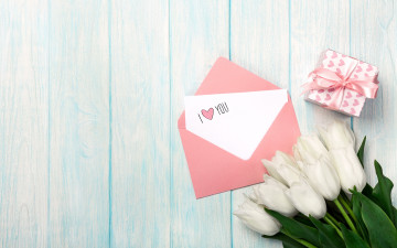 Картинка праздничные подарки+и+коробочки любовь подарок букет love romantic tulips valentine's day letter день валентина gift box белые тюльпаны