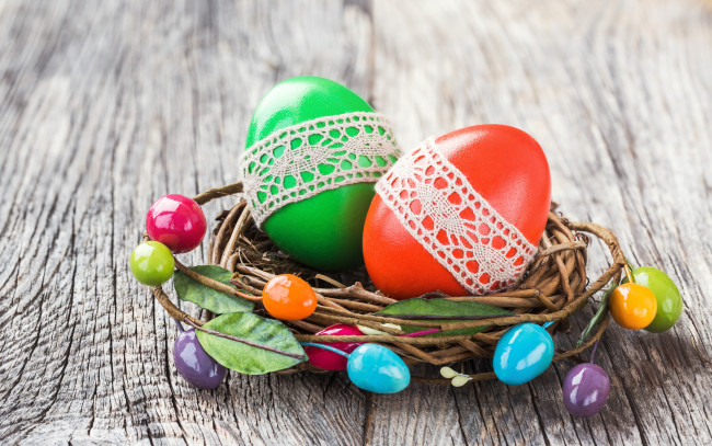 Обои картинки фото праздничные, пасха, яйца, colorful, happy, wood, easter, eggs, decoration