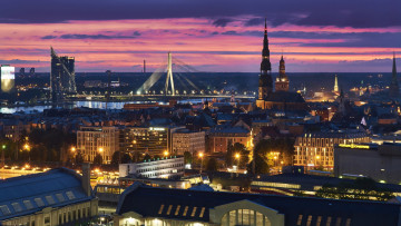 Картинка города рига+ латвия панорама вечер огни