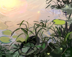 Картинка рисованное природа озеро трава