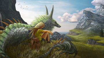 Картинка фэнтези красавицы+и+чудовища девушка сумка зверь горы