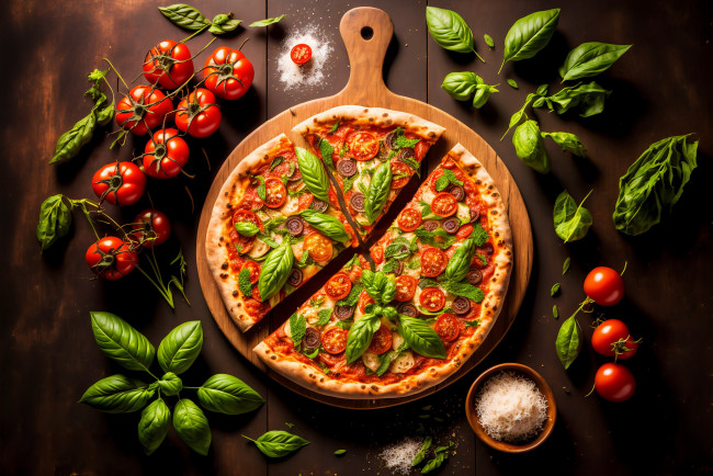 Обои картинки фото еда, пицца, помидоры, черри, соль, сыр, базилик
