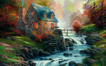 обоя cobblestone, mill, рисованные, thomas, kinkade, morning, river, house, forest, fog