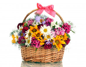 Картинка цветы букеты +композиции лента корзинка гвоздика ромашки бант