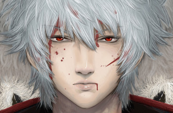 Картинка аниме gintama красные глаза белые волосы парень кровь sakata gintoki