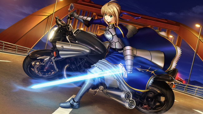 Обои картинки фото аниме, fate, zero, девушка, оружие, мотоцикл, saber
