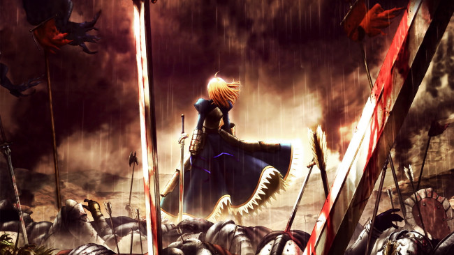 Обои картинки фото аниме, fate, zero, девушка, оружие, трупы, поле, боя, небо, кровь, флаг, дождь