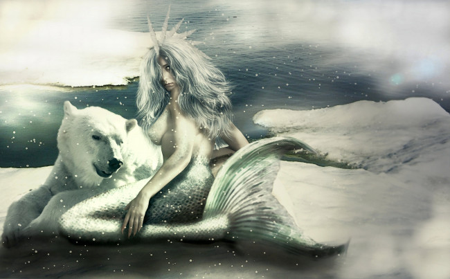 Обои картинки фото фэнтези, русалки, снег, лед, русалка, белый, медведь, море