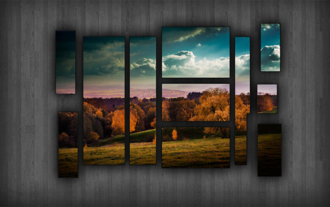 Обои картинки фото разное, компьютерный дизайн, природа, стена, поляна, луг, деревья, облака, небо, осень, картины, пейзаж