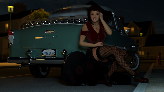 Обои картинки фото автомобили, 3d car&girl, фон, взгляд, девушка, улыбка, автомобиль