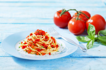 обоя еда, макаронные блюда, базилик, помидоры, спагетти, макароны, паста, томаты