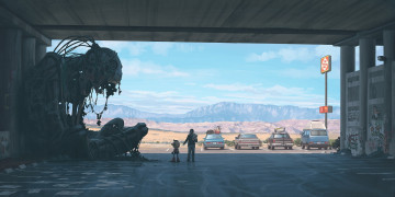 Картинка фэнтези роботы +киборги +механизмы горы burned автомобили