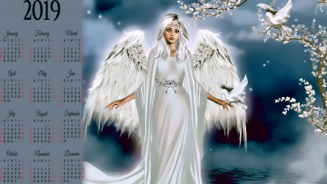 Картинка календари фэнтези ветка птица крылья девушка ангел