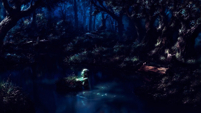 Обои картинки фото фэнтези, девушки, ночь, озеро, лес, девушка