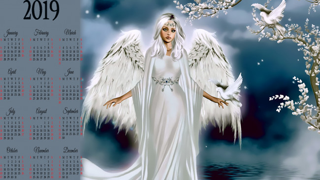Обои картинки фото календари, фэнтези, ветка, птица, крылья, девушка, ангел