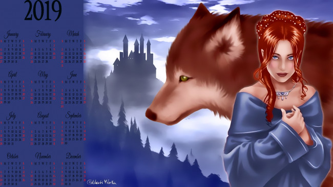 Обои картинки фото календари, фэнтези, волк, девушка, замок