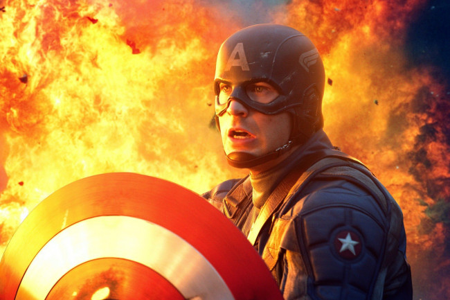 Обои картинки фото кино фильмы, captain america,  the first avenger, капитан, америка, щит, огонь