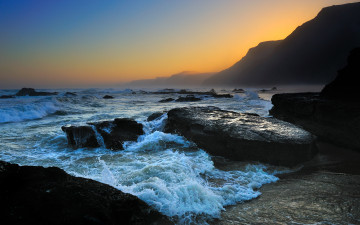 обоя природа, побережье, волны, волнующееся, море, закат, камни, прибой