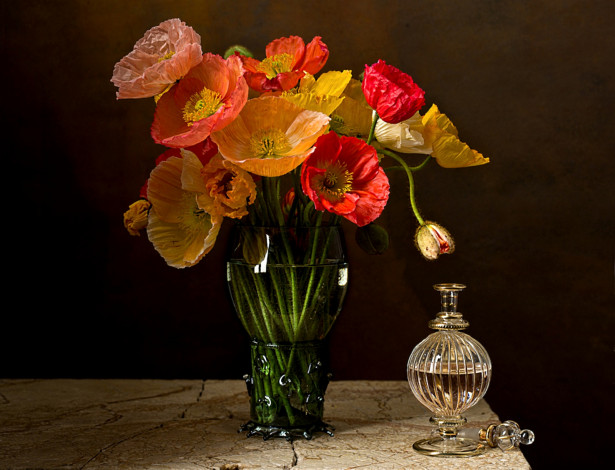 Обои картинки фото цветы, маки, духи, ваза, букет