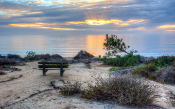 Картинка природа побережье море скамья пейзаж закат