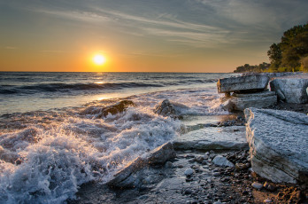 Картинка природа восходы закаты солнце горизонт прибой камни пляж океан