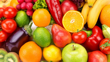 обоя еда, фрукты и овощи вместе, яблоки, баклажан, редиска, паприка, помидоры, овощи, фрукты, киви, груши, лимоны, бананы